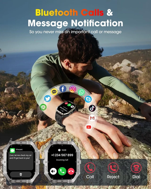 Alt view image 6 of 7 - Military Smart Watches Built-in GPS, Bluetooth Call 2.02'' Smart Watches for Men, Heart Rate Monitor, Sleep Monitor, 2 ATM Waterproof, 100+ Sports Modes for Android iPhone