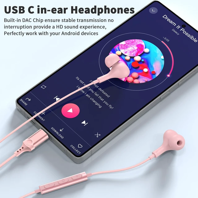 Alt view image 4 of 7 - USB C Headphones Wired Earbuds for iPhone 18 Pro Max 17 16 15,Pink for Samsung S26 S25 Ultra S24 Wired Headphones,Corded USB Type C Earphone with Microphone&Remote for iPad 10 11th Pixel 10a 9