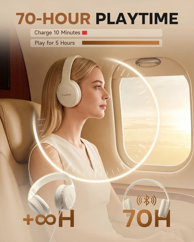 Alt view image 2 of 7 - Bluetooth Headphones, 70H Playtime, Over-Ear, 3 EQ Modes-Beige Bluetooth 6.0, Foldable, Lightweight, Clear Call, HiFi Deep Bass Wireless Headphones for Home Office Travel