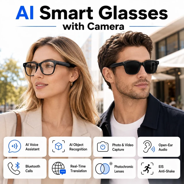 Alt view image 7 of 7 - AI Smart Glasses with Camera,Photo Capture &4k Video Recording Glasses,Real-Time Translation, Open-Ear Audio, Object Recognition, Camera Sunglasses with AI Assistant for Vlogging, Travel, Fishing