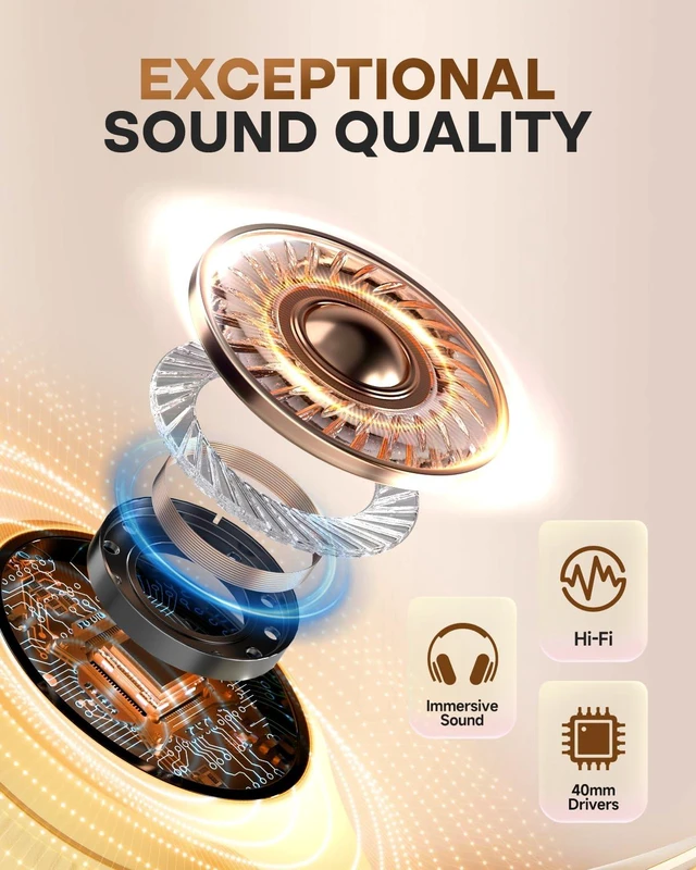 Alt view image 3 of 7 - Bluetooth Headphones, 70H Playtime, Over-Ear, 3 EQ Modes-Beige Bluetooth 6.0, Foldable, Lightweight, Clear Call, HiFi Deep Bass Wireless Headphones for Home Office Travel