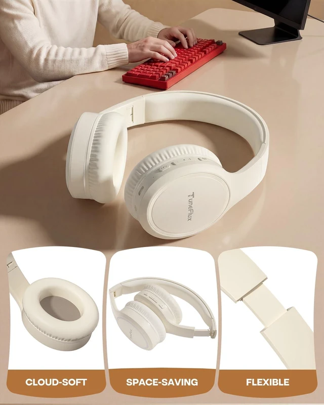 Alt view image 6 of 7 - Bluetooth Headphones, 70H Playtime, Over-Ear, 3 EQ Modes-Beige Bluetooth 6.0, Foldable, Lightweight, Clear Call, HiFi Deep Bass Wireless Headphones for Home Office Travel