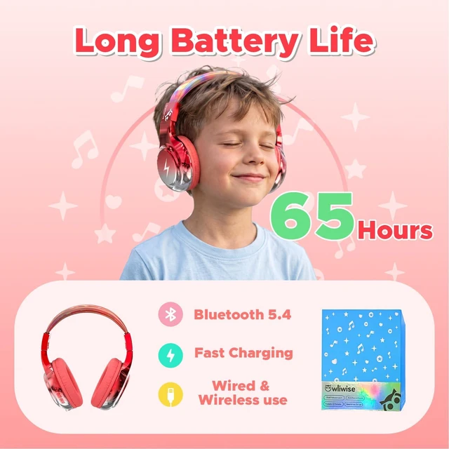 Alt view image 3 of 7 - Kids Bluetooth Headphones with mic, 74/85dB Limited, 65H Playtime Fast charging, Bluetooth 5.4, foldable over-ear, AUX for iPad, tablet, airplane, Wireless headphones for kids, Bolt Series