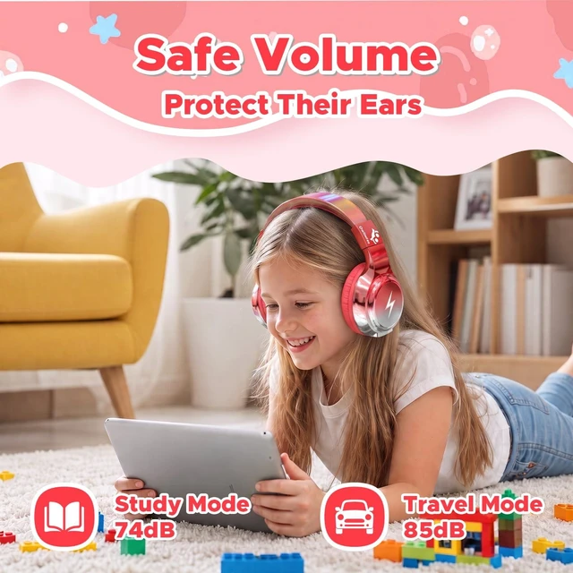 Alt view image 4 of 7 - Kids Bluetooth Headphones with mic, 74/85dB Limited, 65H Playtime Fast charging, Bluetooth 5.4, foldable over-ear, AUX for iPad, tablet, airplane, Wireless headphones for kids, Bolt Series