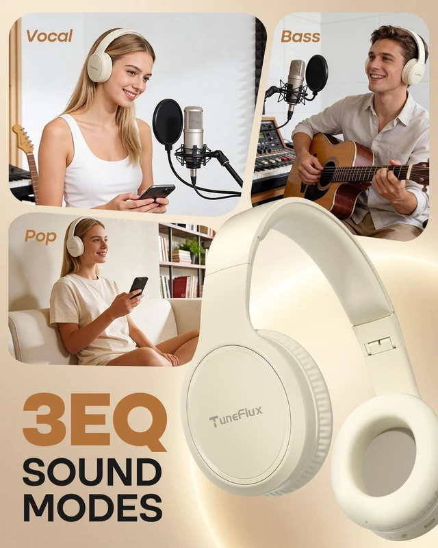 Alt view image 5 of 7 - Bluetooth Headphones, 70H Playtime, Over-Ear, 3 EQ Modes-Beige Bluetooth 6.0, Foldable, Lightweight, Clear Call, HiFi Deep Bass Wireless Headphones for Home Office Travel