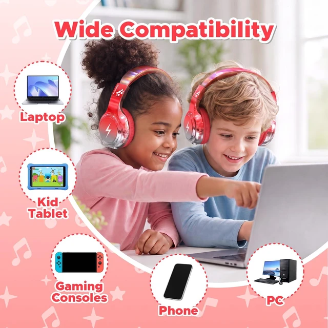 Alt view image 7 of 7 - Kids Bluetooth Headphones with mic, 74/85dB Limited, 65H Playtime Fast charging, Bluetooth 5.4, foldable over-ear, AUX for iPad, tablet, airplane, Wireless headphones for kids, Bolt Series