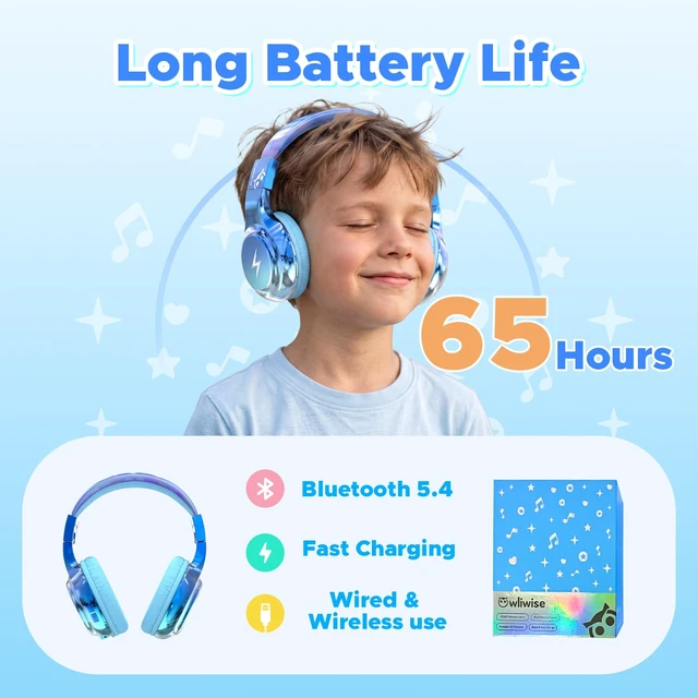 Alt view image 3 of 7 - Kids Bluetooth Headphones with mic, 74/85dB Limited, 65H Playtime Fast charging, Bluetooth 5.4, foldable over-ear, AUX for iPad, tablet, airplane, Wireless headphones for kids, Bolt Series