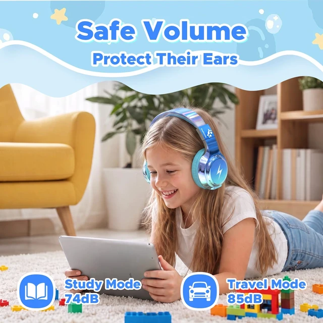 Alt view image 4 of 7 - Kids Bluetooth Headphones with mic, 74/85dB Limited, 65H Playtime Fast charging, Bluetooth 5.4, foldable over-ear, AUX for iPad, tablet, airplane, Wireless headphones for kids, Bolt Series