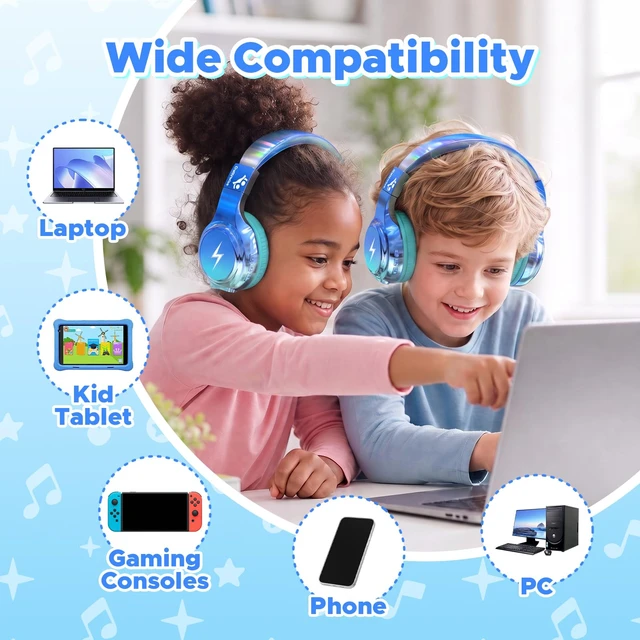 Alt view image 7 of 7 - Kids Bluetooth Headphones with mic, 74/85dB Limited, 65H Playtime Fast charging, Bluetooth 5.4, foldable over-ear, AUX for iPad, tablet, airplane, Wireless headphones for kids, Bolt Series