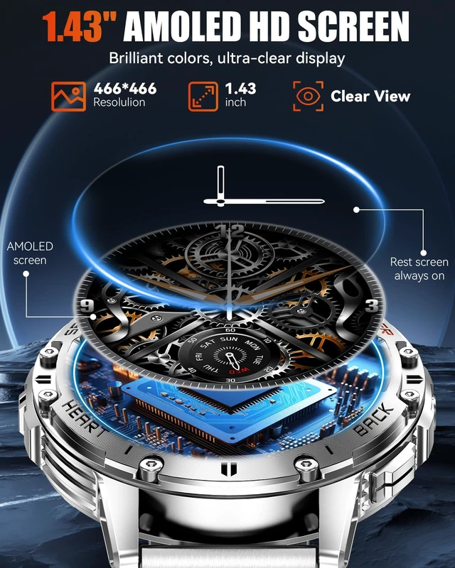 Alt view image 2 of 7 - Military Smart Watches for Men with Bluetooth Call, 1.43" AMOLED Waterproof Smartwatch with Flashlight, 111 Sport Modes, 530mAh Heart Rate/SpO2/Sleep Monitor Fitness Tracker for Android iOS