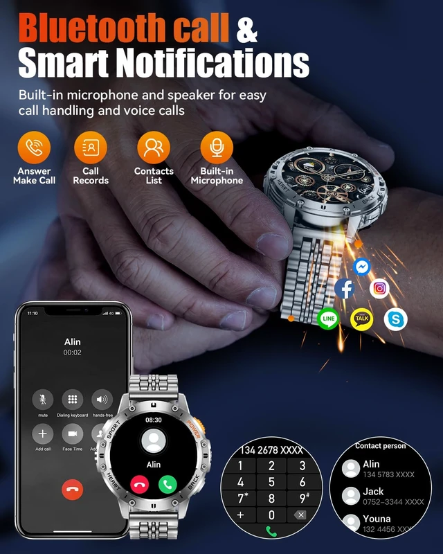 Alt view image 7 of 7 - Military Smart Watches for Men with Bluetooth Call, 1.43" AMOLED Waterproof Smartwatch with Flashlight, 111 Sport Modes, 530mAh Heart Rate/SpO2/Sleep Monitor Fitness Tracker for Android iOS