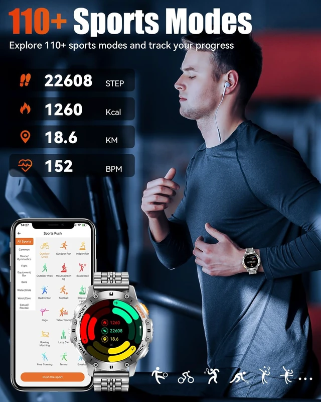 Alt view image 6 of 7 - Military Smart Watches for Men with Bluetooth Call, 1.43" AMOLED Waterproof Smartwatch with Flashlight, 111 Sport Modes, 530mAh Heart Rate/SpO2/Sleep Monitor Fitness Tracker for Android iOS