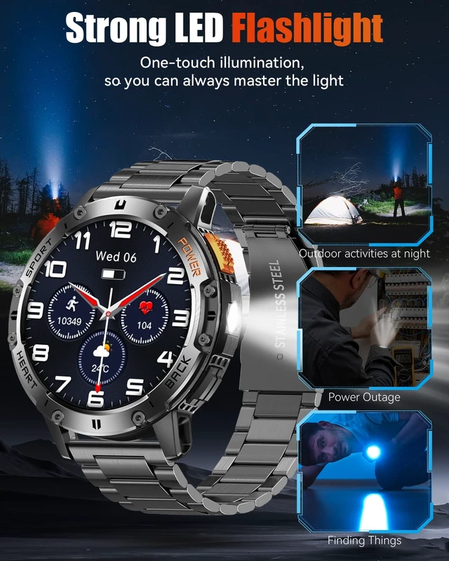 Alt view image 4 of 7 - Military Smart Watches for Men with Bluetooth Call, 1.43" AMOLED Waterproof Smartwatch with Flashlight, 111 Sport Modes, 530mAh Heart Rate/SpO2/Sleep Monitor Fitness Tracker for Android iOS