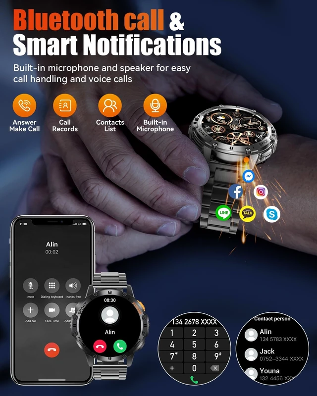 Alt view image 7 of 7 - Military Smart Watches for Men with Bluetooth Call, 1.43" AMOLED Waterproof Smartwatch with Flashlight, 111 Sport Modes, 530mAh Heart Rate/SpO2/Sleep Monitor Fitness Tracker for Android iOS