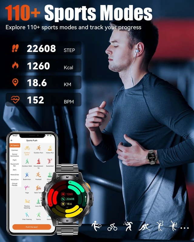 Alt view image 6 of 7 - Military Smart Watches for Men with Bluetooth Call, 1.43" AMOLED Waterproof Smartwatch with Flashlight, 111 Sport Modes, 530mAh Heart Rate/SpO2/Sleep Monitor Fitness Tracker for Android iOS
