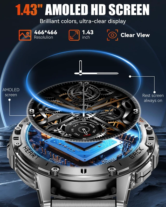 Alt view image 3 of 7 - Military Smart Watches for Men with Bluetooth Call, 1.43" AMOLED Waterproof Smartwatch with Flashlight, 111 Sport Modes, 530mAh Heart Rate/SpO2/Sleep Monitor Fitness Tracker for Android iOS
