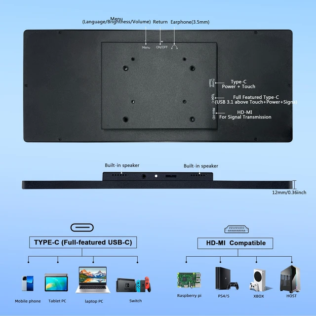 Alt view image 3 of 7 - 12.3 Inch Touch Screen Monitor IPS 1920x720 Stretched Bar LCD CNC Shell Mini Secondary Screen Portable Display HDMI for Laptop PC Temperature Aida64 GPU CPU RAM Monitoring