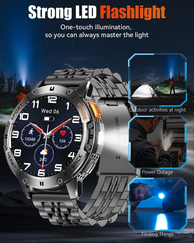 Alt view image 4 of 7 - Military Smart Watches for Men with Bluetooth Call, 1.43" AMOLED Waterproof Smartwatch with Flashlight, 111 Sport Modes, 530mAh Heart Rate/SpO2/Sleep Monitor Fitness Tracker for Android iOS