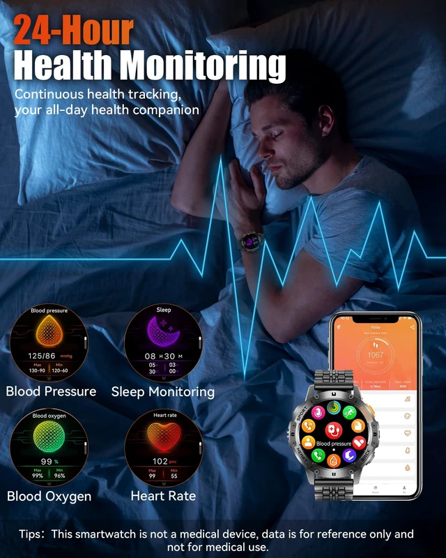 Alt view image 5 of 7 - Military Smart Watches for Men with Bluetooth Call, 1.43" AMOLED Waterproof Smartwatch with Flashlight, 111 Sport Modes, 530mAh Heart Rate/SpO2/Sleep Monitor Fitness Tracker for Android iOS