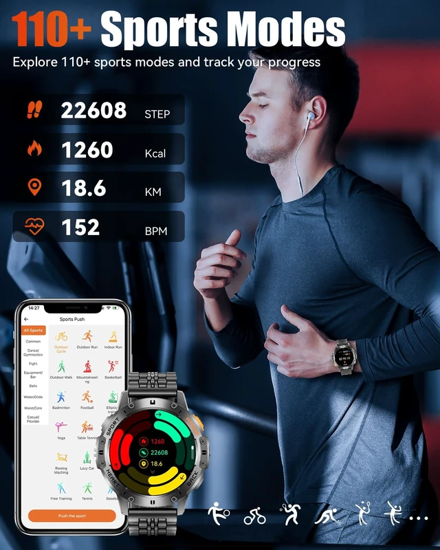 Alt view image 6 of 7 - Military Smart Watches for Men with Bluetooth Call, 1.43" AMOLED Waterproof Smartwatch with Flashlight, 111 Sport Modes, 530mAh Heart Rate/SpO2/Sleep Monitor Fitness Tracker for Android iOS