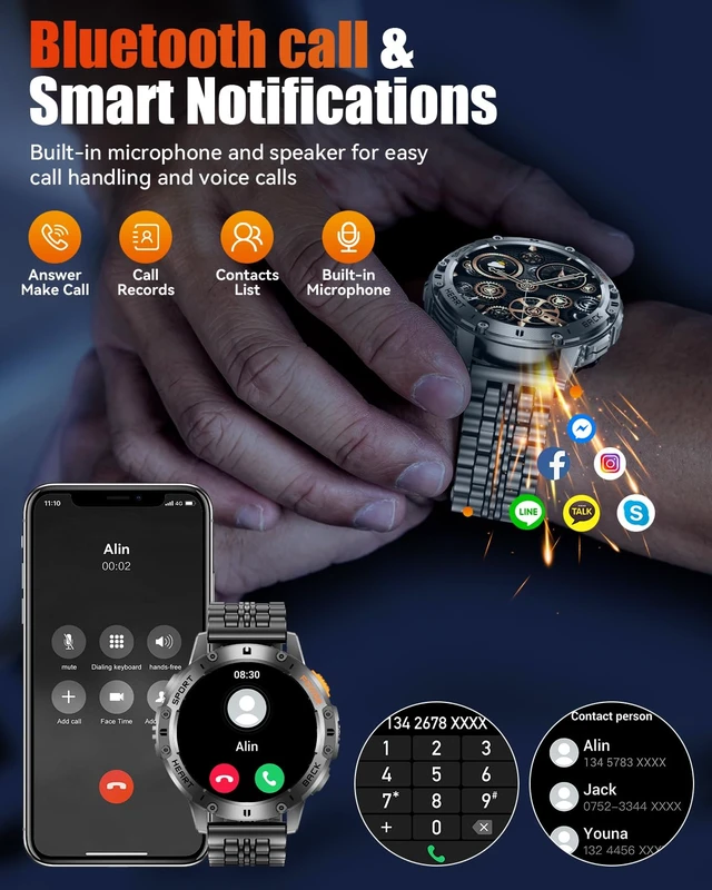 Alt view image 7 of 7 - Military Smart Watches for Men with Bluetooth Call, 1.43" AMOLED Waterproof Smartwatch with Flashlight, 111 Sport Modes, 530mAh Heart Rate/SpO2/Sleep Monitor Fitness Tracker for Android iOS