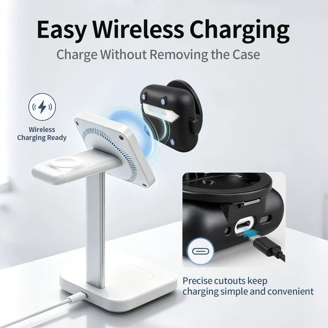 Alt view image 3 of 7 - CatchPod for AirPods 5/4 Case with Secure Lock (Black), Phone Stand Design,Compatible with MagSafe, Powerful Drop Protection