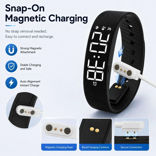 Alt view image 3 of 7 - Vibrating Alarm Wristband for Heavy Sleepers, Magnetic Charging 3 Silent Vibration Alarms / Waterproof Reminder Watch / Ideal for Couples, Roommates, Dorms and Travel