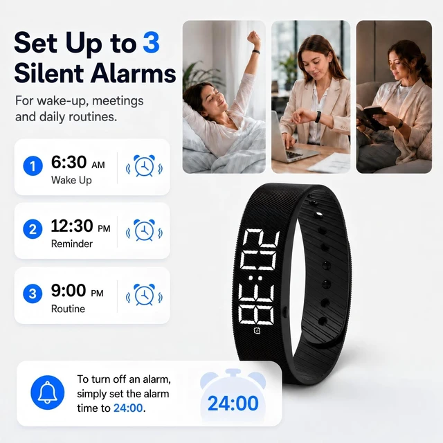 Alt view image 4 of 7 - Vibrating Alarm Wristband for Heavy Sleepers, Magnetic Charging 3 Silent Vibration Alarms / Waterproof Reminder Watch / Ideal for Couples, Roommates, Dorms and Travel
