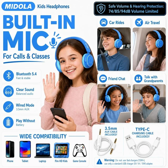 Alt view image 4 of 7 - Kids Bluetooth Headphones Wireless Over-Ear,68Hrs,Volume Limit 85/94dB Blue Built-in Mic,Adjustable Headband Foldable Lightweight for Toddler School Girls Boys,Stereo Sound,Wired by Aux 3.5mm