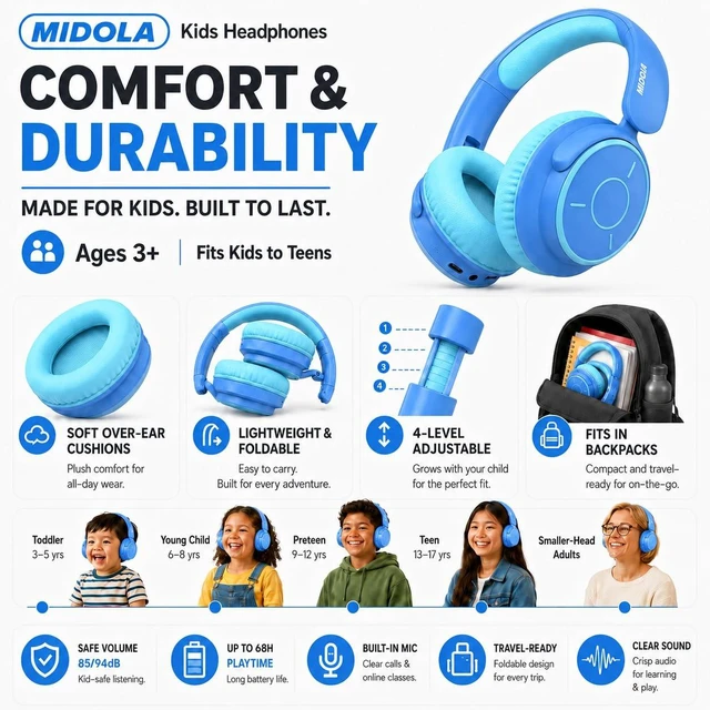 Alt view image 7 of 7 - Kids Bluetooth Headphones Wireless Over-Ear,68Hrs,Volume Limit 85/94dB Blue Built-in Mic,Adjustable Headband Foldable Lightweight for Toddler School Girls Boys,Stereo Sound,Wired by Aux 3.5mm