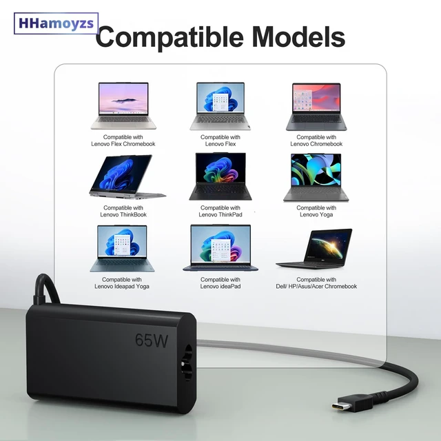 Alt view image 2 of 6 - 2026 New Slim 65W USB C Laptop Charger Compatible with Lenovo Thinkpad/Yoga 7i 9i L13 /Chromebook/ThinkBook 14 16 Type C Power Adapter