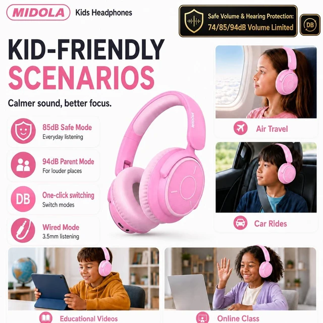 Alt view image 3 of 7 - Kids Bluetooth Headphones Wireless Over-Ear,68Hrs,Volume Limit 85/94dB Pink Built-in Mic,Adjustable Headband Foldable Lightweight for Toddler School Girls Boys,Stereo Sound,Wired by Aux 3.5mm Black