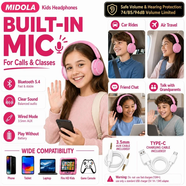 Alt view image 4 of 7 - Kids Bluetooth Headphones Wireless Over-Ear,68Hrs,Volume Limit 85/94dB Pink Built-in Mic,Adjustable Headband Foldable Lightweight for Toddler School Girls Boys,Stereo Sound,Wired by Aux 3.5mm Black