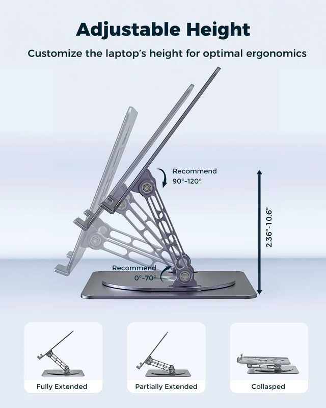 Alt view image 2 of 7 - 360° Rotating Laptop Stand for Desk Adjustable, Foldable, Portable Aluminum Ergonomic Riser Compatible with MacBook, Dell, HP & All Laptops 10-16 inch Gray