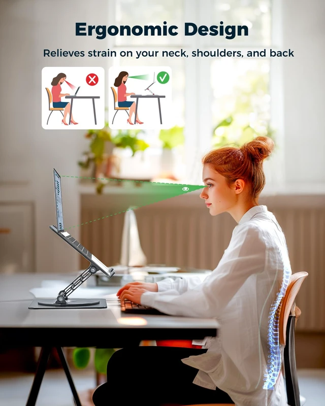 Alt view image 3 of 7 - 360° Rotating Laptop Stand for Desk Adjustable, Foldable, Portable Aluminum Ergonomic Riser Compatible with MacBook, Dell, HP & All Laptops 10-16 inch Gray