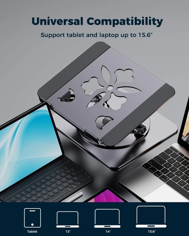 Alt view image 6 of 7 - 360° Rotating Laptop Stand for Desk Adjustable, Foldable, Portable Aluminum Ergonomic Riser Compatible with MacBook, Dell, HP & All Laptops 10-16 inch Gray