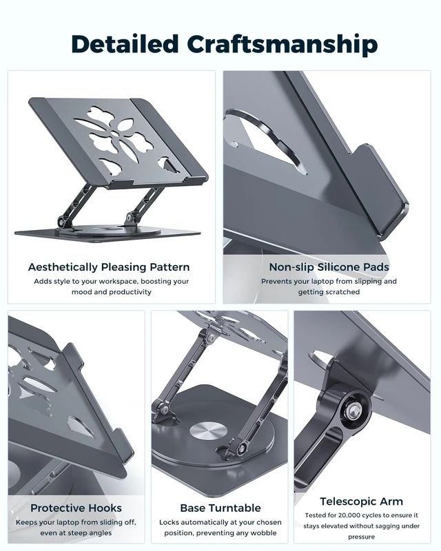 Alt view image 7 of 7 - 360° Rotating Laptop Stand for Desk Adjustable, Foldable, Portable Aluminum Ergonomic Riser Compatible with MacBook, Dell, HP & All Laptops 10-16 inch Gray