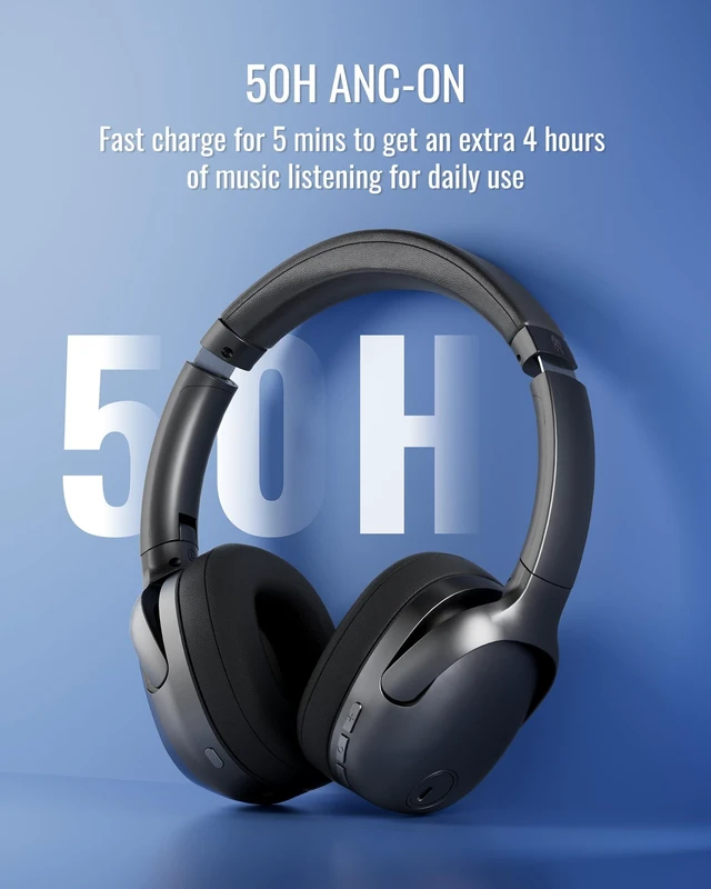 Alt view image 4 of 7 - Hybrid Active Noise Cancelling Headphones, Wireless Over Ear Bluetooth 50H Long ANC Playtime, Rotatable and Foldable, HiFi Audio Deep Bass, Customized EQ via APP, Transparency Mode