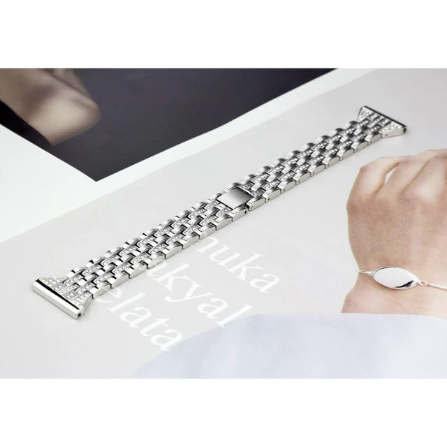 Alt view image 5 of 7 - Bands Compatible with Fitbit Versa 2/Versa Lite/Versa, Women Replacement Metal Rhinestone Bling Bracelet Wristband, Silver