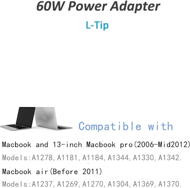 Alt view image 2 of 5 - Mac Book Pro Charger - 60W L-Tip Power Adapter Compatible with Mac Book Pro 13 inch Before Mid 2012(Mac Book 2009-2010