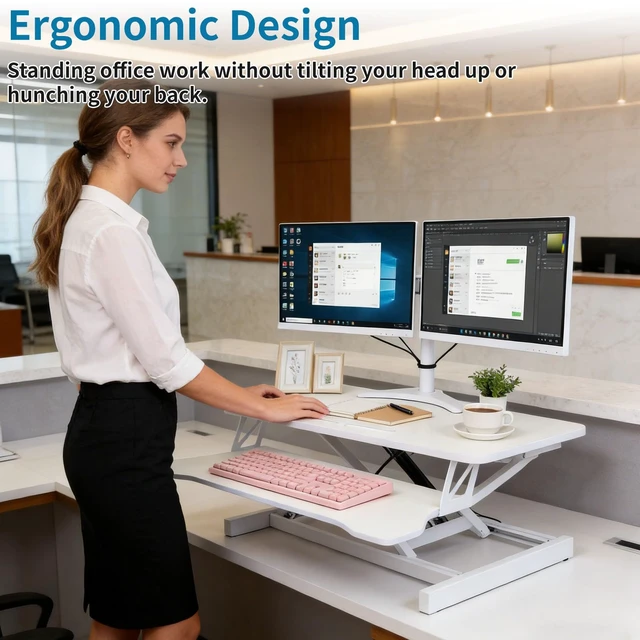 Alt view image 2 of 7 - Standing Desk Converter, Height Adjustable, Dual Monitor with Keyboard Tray Wide Keyboard Tray, Sturdy Construction, Sit-to-Stand Transition, Easy Assembly Tabletop Workstation for Home & Office