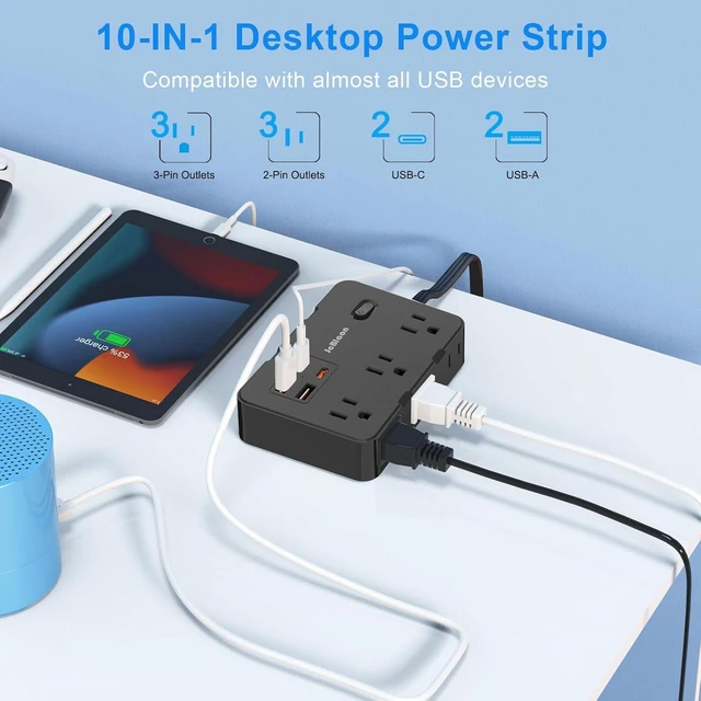 Alt view image 2 of 7 - Flat Plug Surge Protector Power Strip, 5 FT Flat Extension Cord with 6 Outlets 4 USB Ports (2 USB C), 1050J Protection Multiple Outlets Charging Station for Home Office, College Dorm Room Essentials