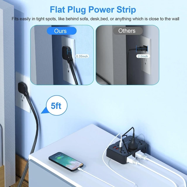 Alt view image 3 of 7 - Flat Plug Surge Protector Power Strip, 5 FT Flat Extension Cord with 6 Outlets 4 USB Ports (2 USB C), 1050J Protection Multiple Outlets Charging Station for Home Office, College Dorm Room Essentials