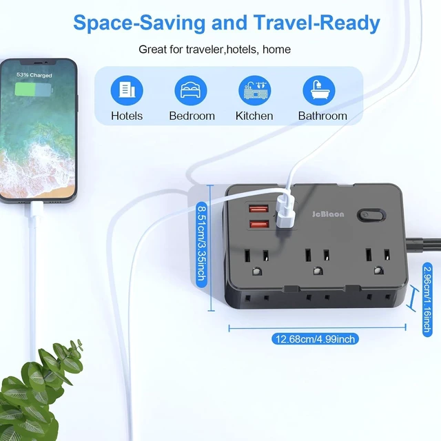 Alt view image 5 of 7 - Flat Plug Surge Protector Power Strip, 5 FT Flat Extension Cord with 6 Outlets 4 USB Ports (2 USB C), 1050J Protection Multiple Outlets Charging Station for Home Office, College Dorm Room Essentials