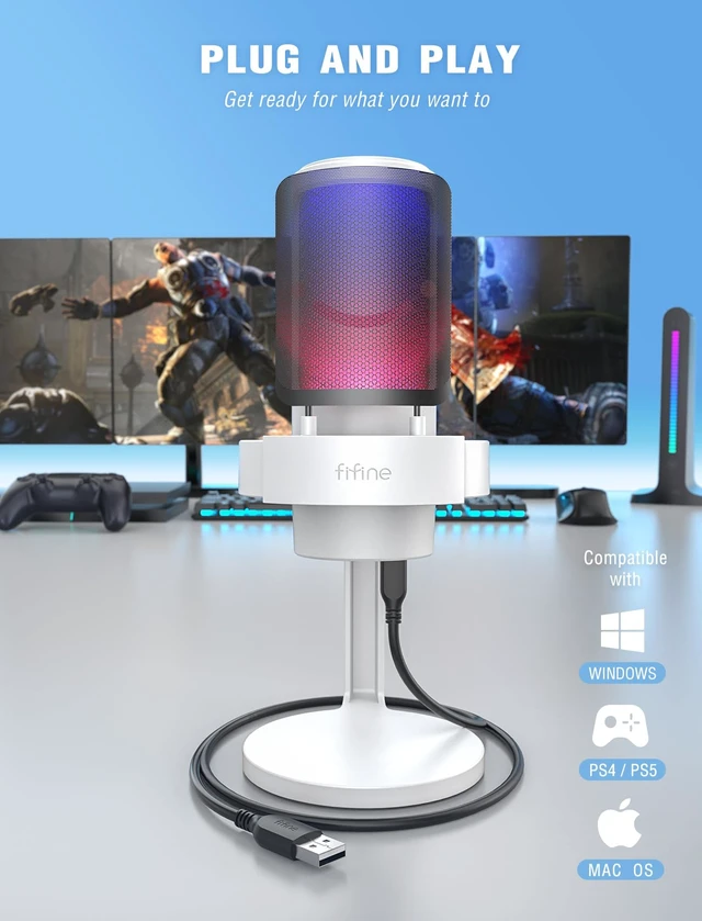 Alt view image 6 of 7 - A8 White USB Gaming Condenser Microphone with Tap Mute for Streaming RGB Control, Headphone Jack, Gain Knob, Pop Filter, Shock Mount, for PC PS4/5 Home use YouTube Discord Twitch Podcasts