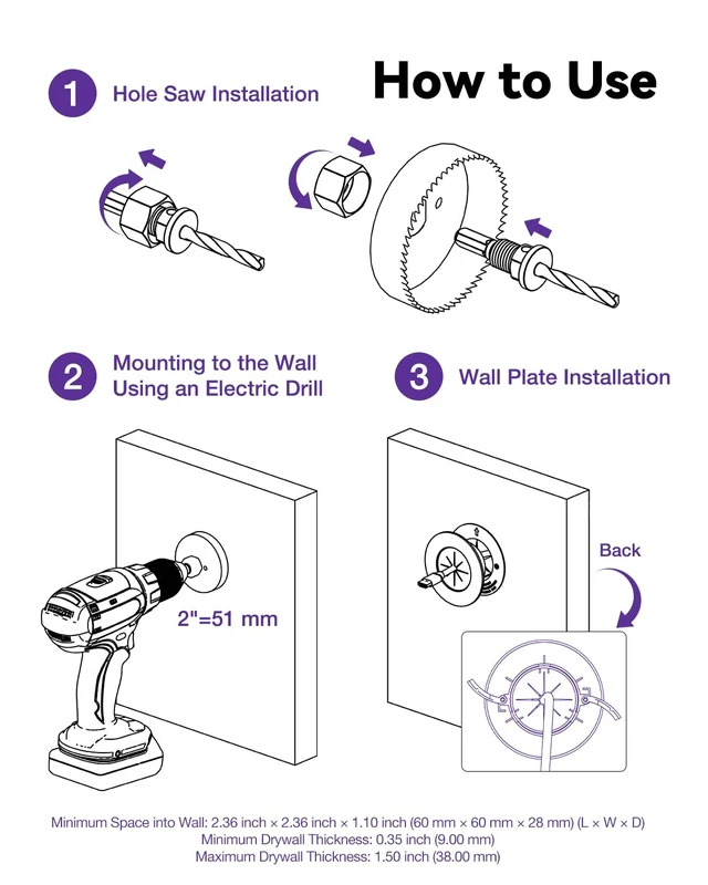 Alt view image 4 of 4 - in-Wall Cable Management Kit, 2.44" (62 mm) Mini Wall Cord Hider for TV/Coaxial/HDMI/Speaker Cords, Includes 2 Pass Throughs, Locking Brackets and Hole Saw Drill Attachment (Pack of 4)