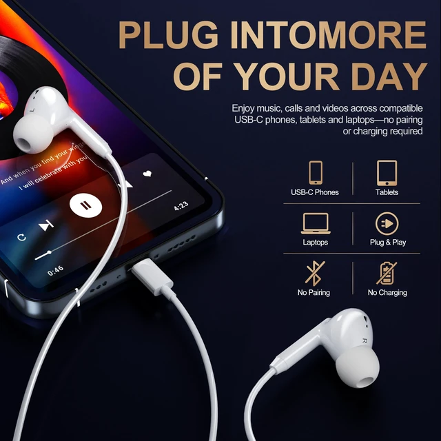 Alt view image 6 of 7 - 2Pack- USB C Headphones Wired in- Ear Buds for iPhone 17 16 15 Pro Max Type C Wired Earbuds USBC Earphones with Mic Volume Control Stereo Noise Isolation for iPhone and More USB-C Devices