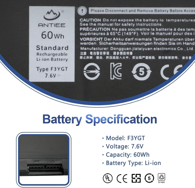 Alt view image 2 of 7 - 60Wh F3YGT Laptop Battery for Dell Latitude 12 7000 7280 7290/13 7000 7380 Latitude 13 7390/14 7000 7490 7480 P28S P28S001 P73G P73G002 Series 2X39G DM6WC DM3WC KG7VF V4940 451-BBYE 453-BBCF