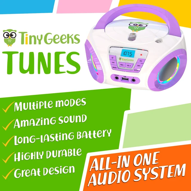 Alt view image 2 of 7 - Tunes Boombox CD Player, FM Radio with Speakers, US Adapter Features Disco RGB Lights, Batteries Included, Fun Gift for Toddlers - Purple