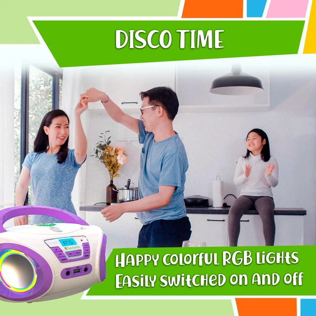 Alt view image 4 of 7 - Tunes Boombox CD Player, FM Radio with Speakers, US Adapter Features Disco RGB Lights, Batteries Included, Fun Gift for Toddlers - Purple